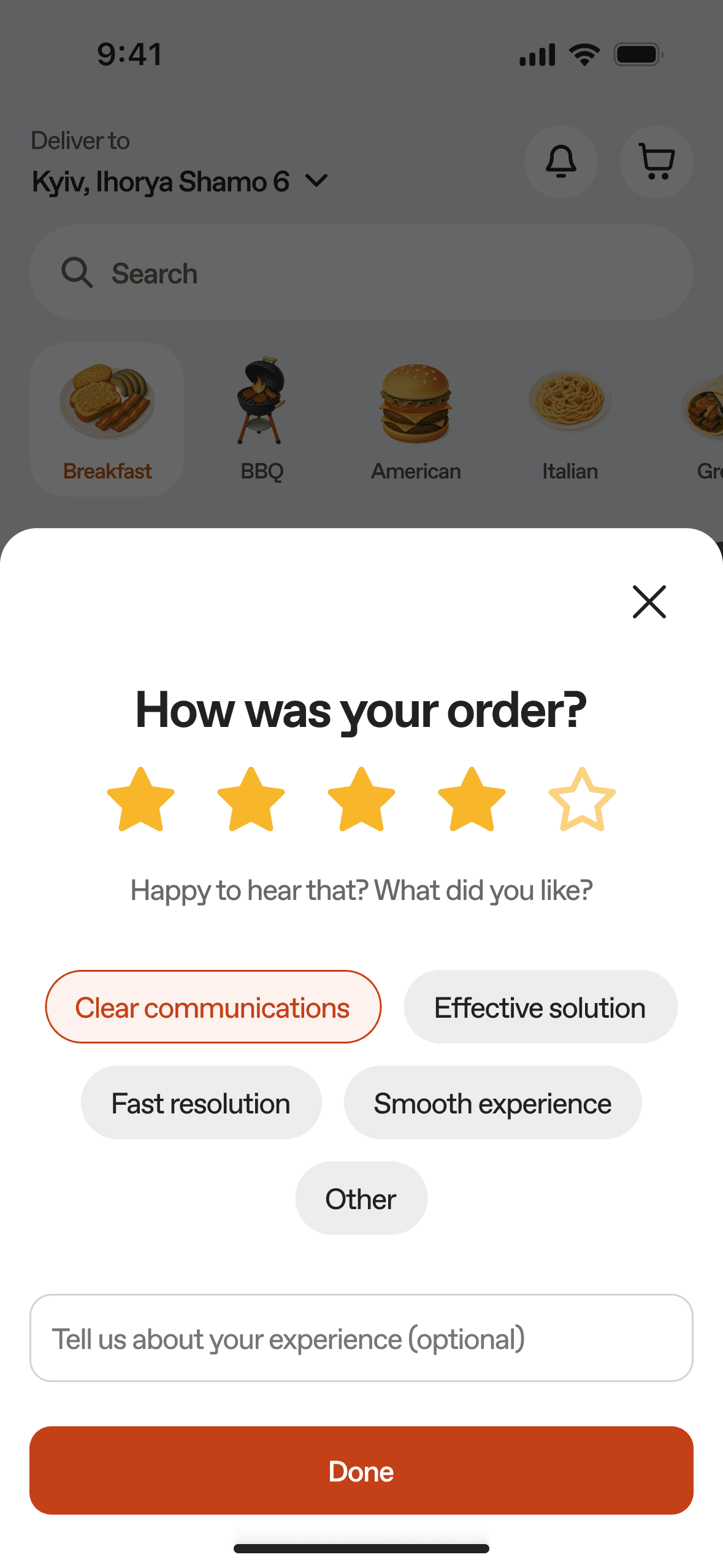 Post-order rating sheet: “How was your order?” with stars and quick-feedback tags