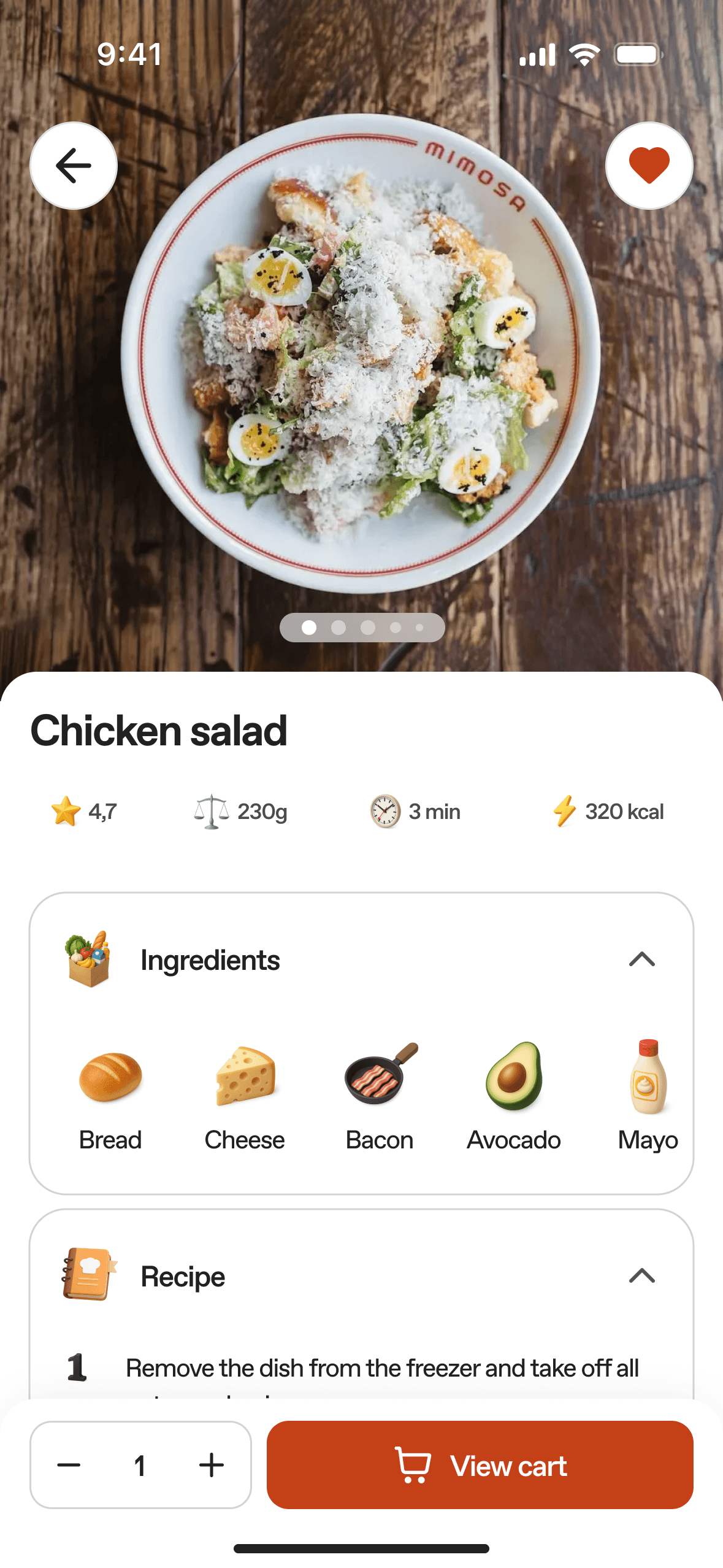 Dish page for a chicken salad with rating, weight, ingredients and recipe