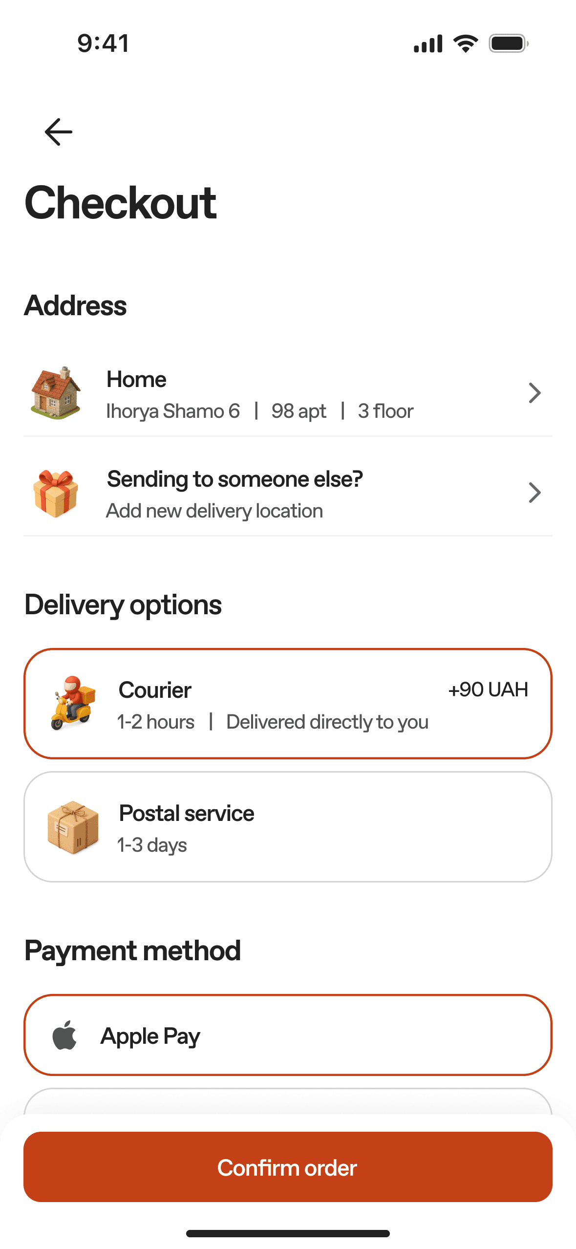 Checkout with address, courier or postal delivery, and Apple Pay