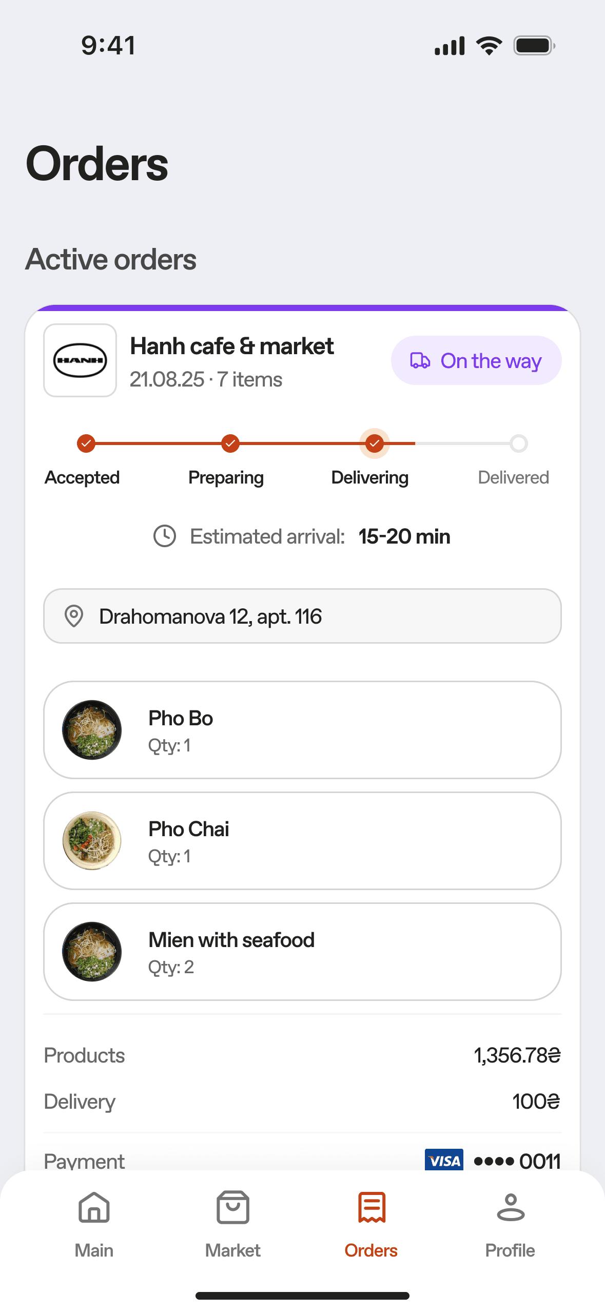 Active order tracking from accepted to delivered with an estimated arrival