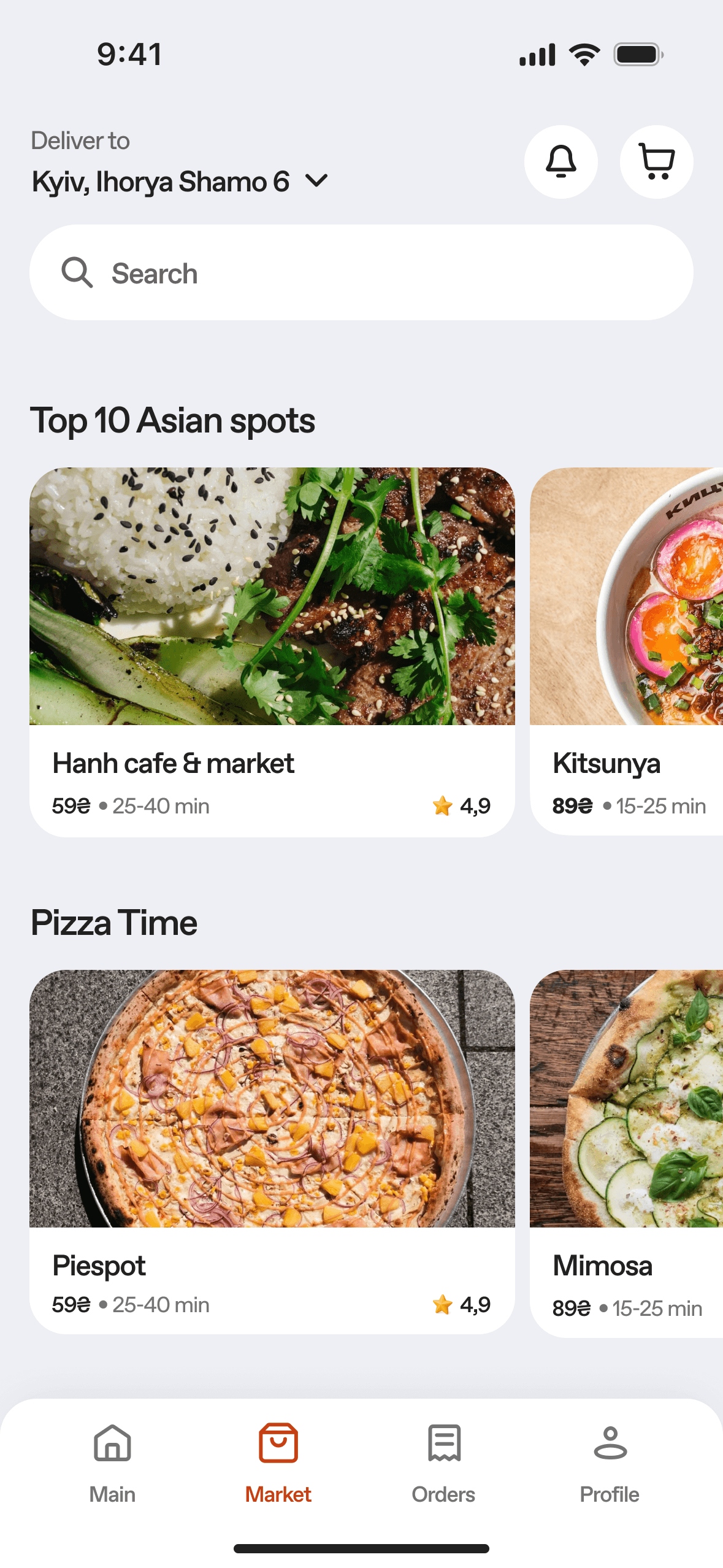 Marketplace with rated restaurant cards: top Asian spots and pizza